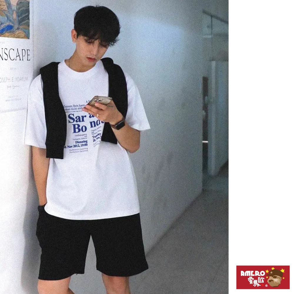 【AMERO】男女裝 圓領短袖T恤 英文印花 氣紡健康布 寬鬆 落肩款 五分袖 情侶裝 歷史價格詳細信息