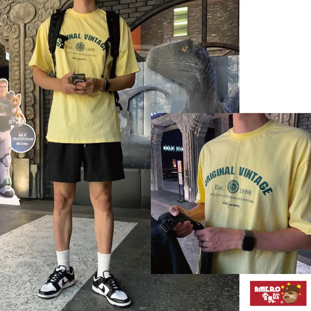【AMERO】男女裝 圓領短袖T恤 英文標語印花 寬鬆 落肩 情侶裝 歷史價格詳細信息