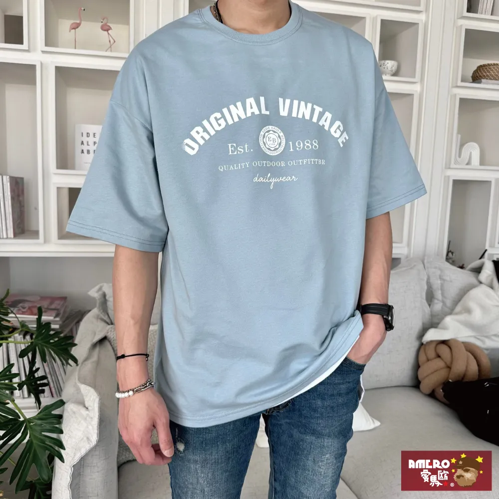 【AMERO】男女裝 圓領短袖T恤 英文標語印花 寬鬆 落肩 情侶裝 歷史價格詳細信息