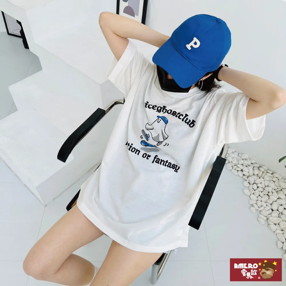 【AMERO】男女裝 圓領短袖T恤 插圖英文印花 太空棉材質  落肩款 寬鬆版型 情侶裝 歷史價格詳細信息