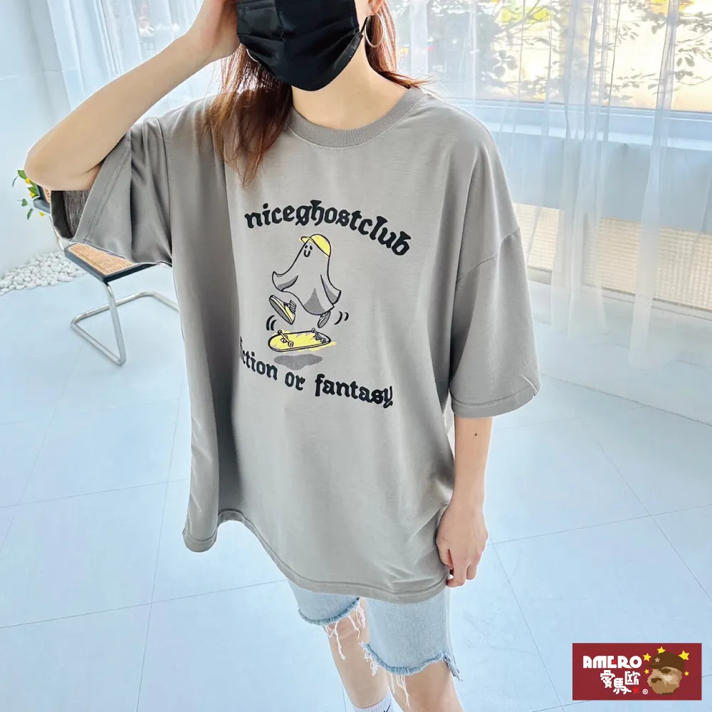 【AMERO】男女裝 圓領短袖T恤 插圖英文印花 太空棉材質  落肩款 寬鬆版型 情侶裝 歷史價格詳細信息