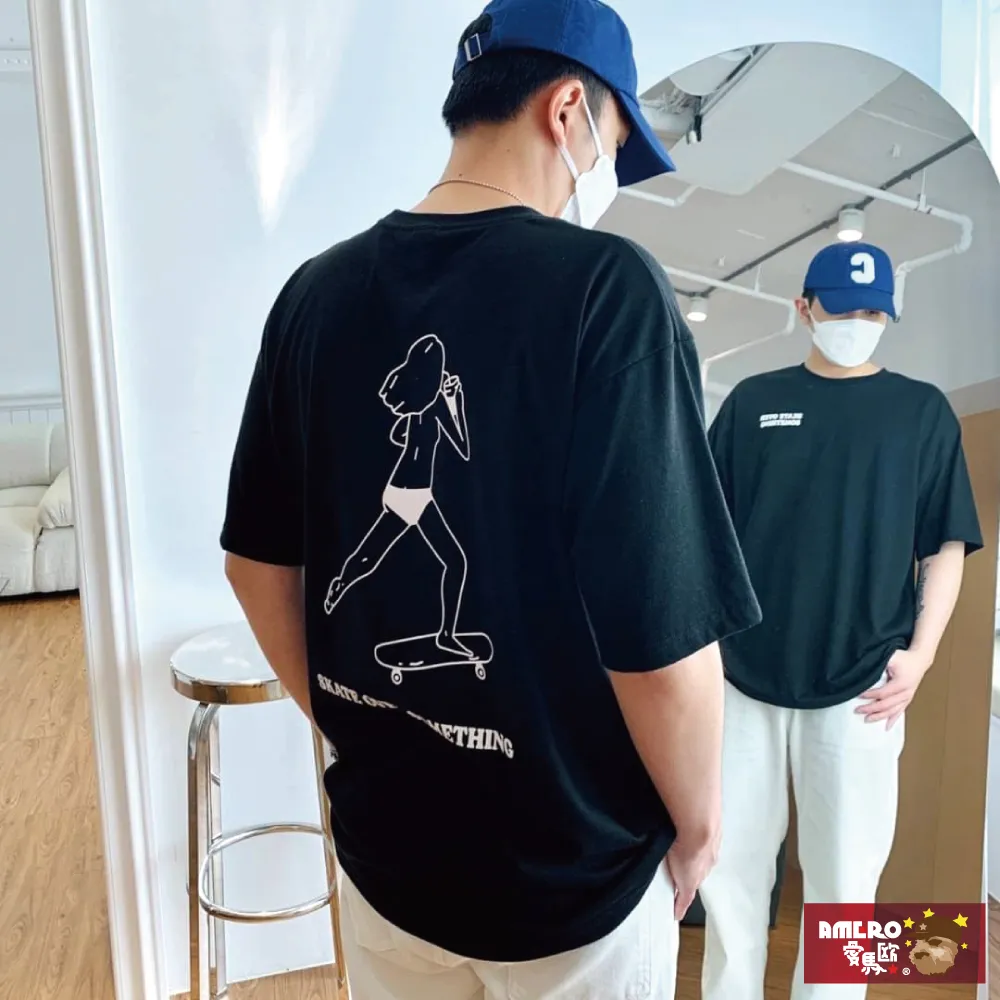 【AMERO】男女裝 圓領短袖T恤 滑板插畫印花 寬鬆 落肩 情侶裝 歷史價格詳細信息