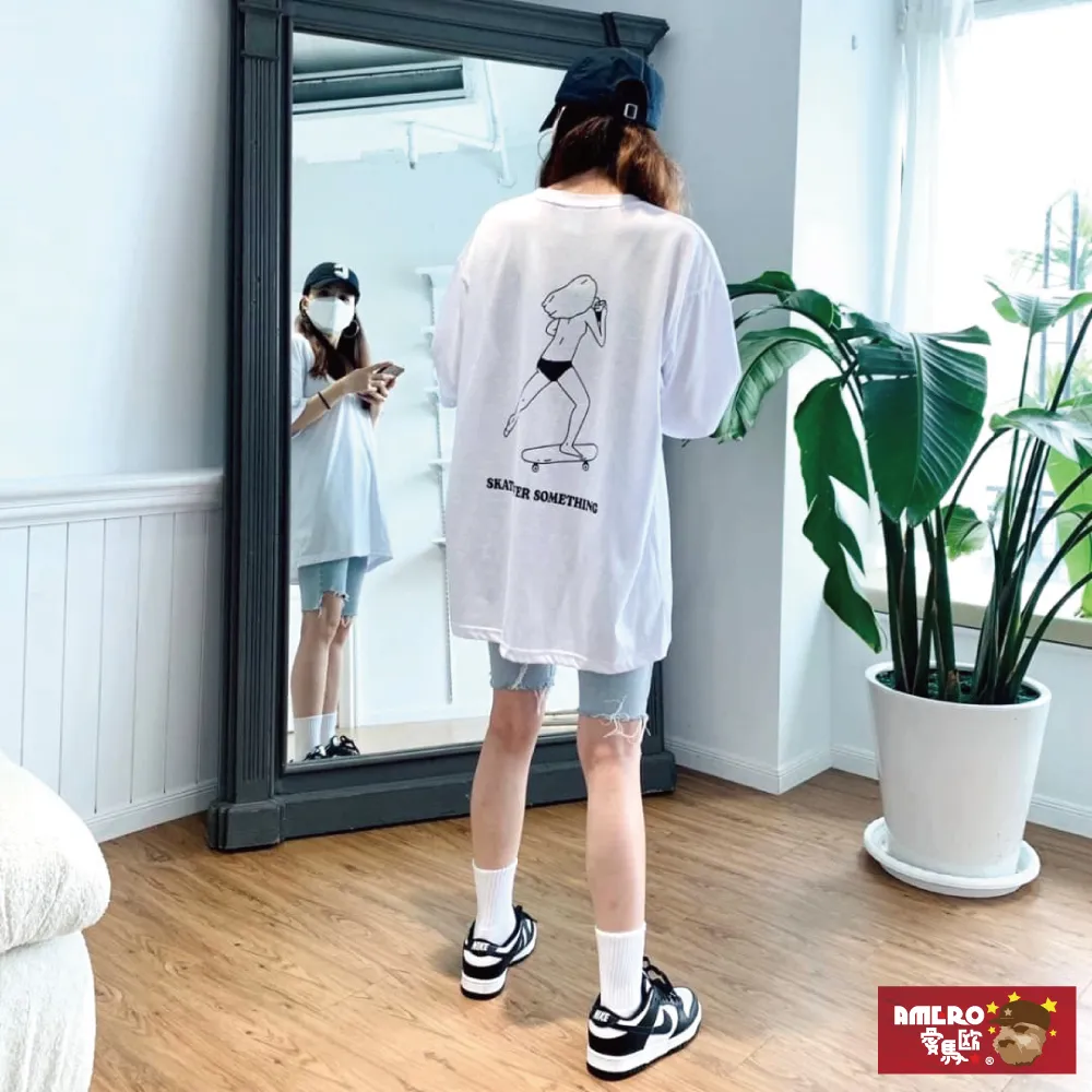 【AMERO】男女裝 圓領短袖T恤 滑板插畫印花 寬鬆 落肩 情侶裝 歷史價格詳細信息
