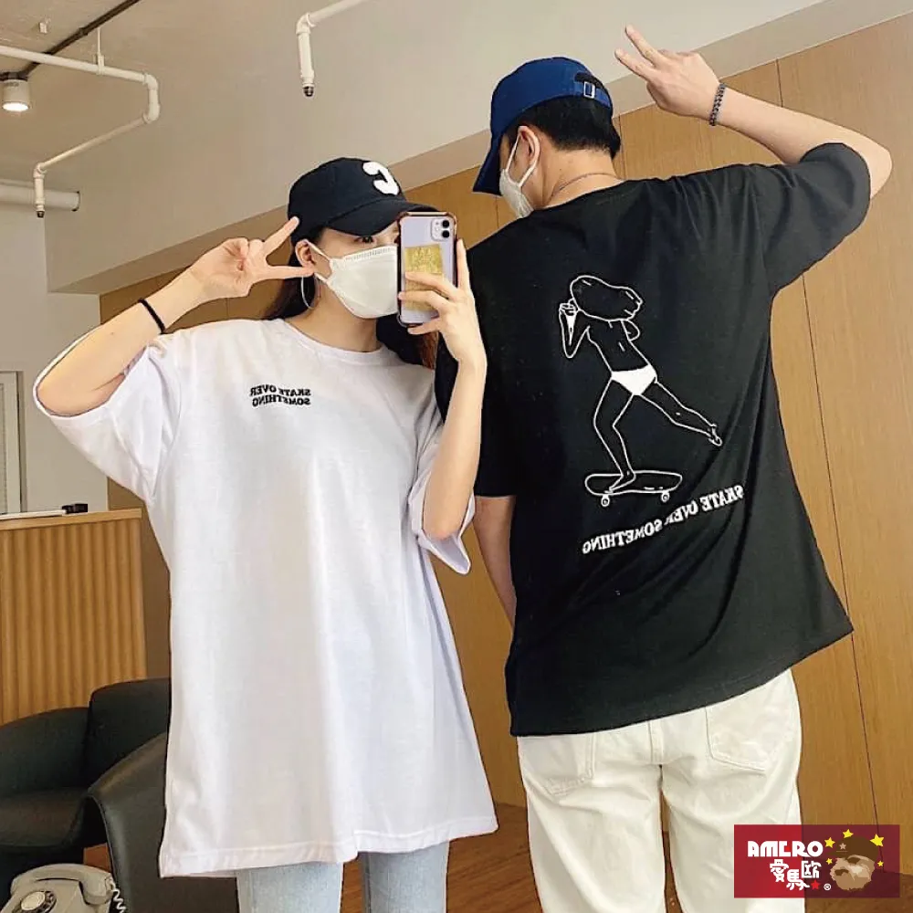 【AMERO】男女裝 圓領短袖T恤 滑板插畫印花 寬鬆 落肩 情侶裝 歷史價格詳細信息