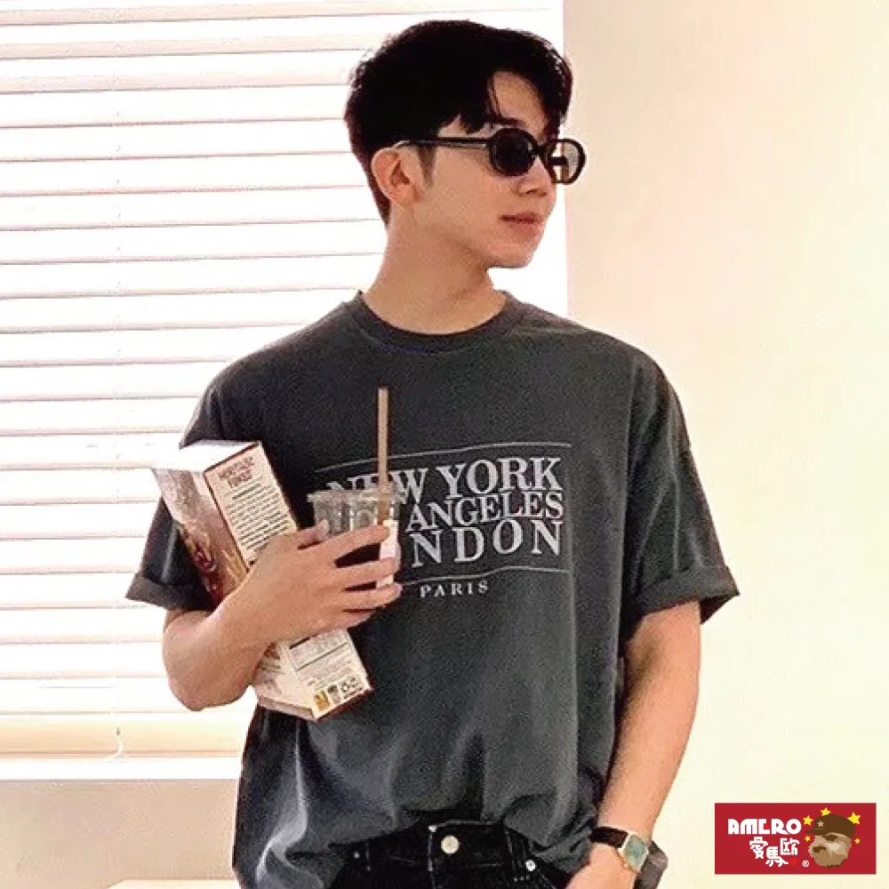 【AMERO】男女裝 圓領短袖T恤 英文標語印花 寬鬆 落肩 情侶裝 歷史價格詳細信息