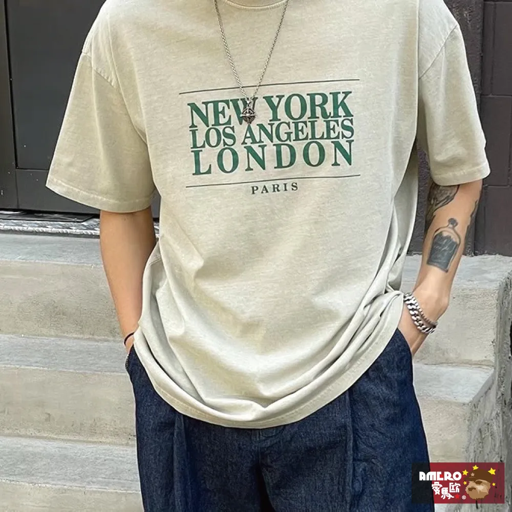 【AMERO】男女裝 圓領短袖T恤 英文標語印花 寬鬆 落肩 情侶裝 歷史價格詳細信息