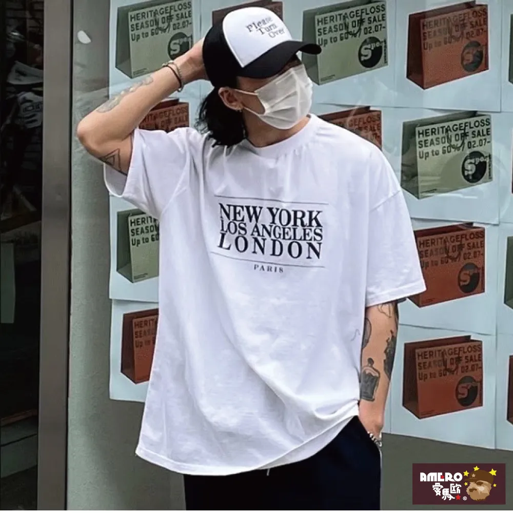 【AMERO】男女裝 圓領短袖T恤 英文標語印花 寬鬆 落肩 情侶裝 歷史價格詳細信息