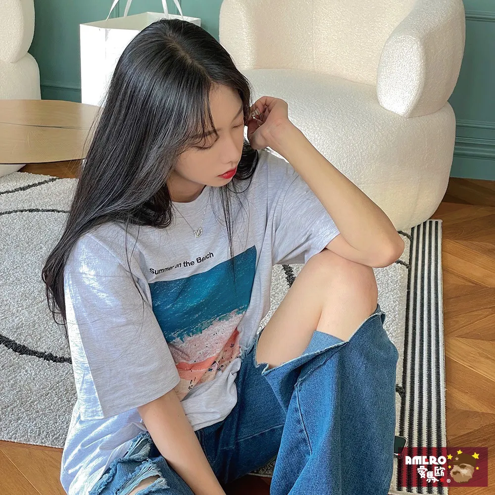 【AMERO】男女裝 圓領短袖T恤 電繡英文印花 寬鬆 落肩 情侶裝 歷史價格詳細信息