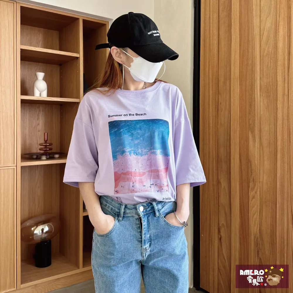 【AMERO】男女裝 圓領短袖T恤 電繡英文印花 寬鬆 落肩 情侶裝 歷史價格詳細信息