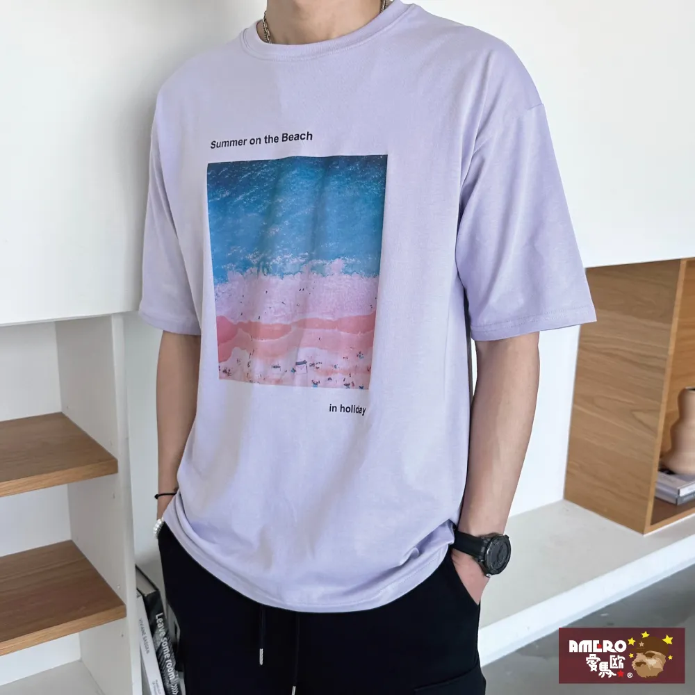 【AMERO】男女裝 圓領短袖T恤 電繡英文印花 寬鬆 落肩 情侶裝 歷史價格詳細信息