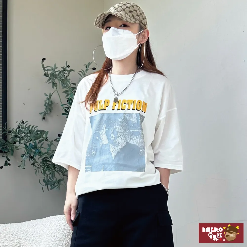 【AMERO】男女裝 圓領短袖T恤 配色線條衝浪沙灘印花 落肩款 五分袖 情侶裝 歷史價格詳細信息