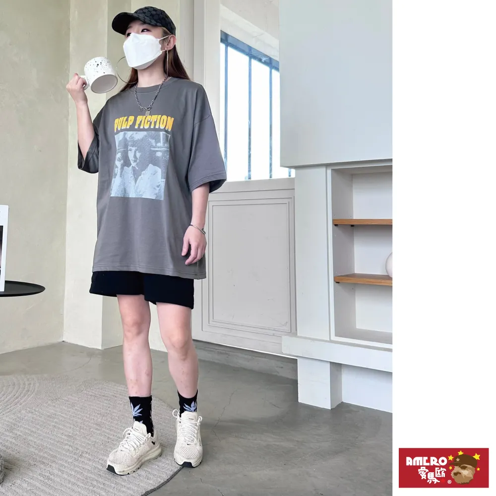 【AMERO】男女裝 圓領短袖T恤 配色線條衝浪沙灘印花 落肩款 五分袖 情侶裝 歷史價格詳細信息