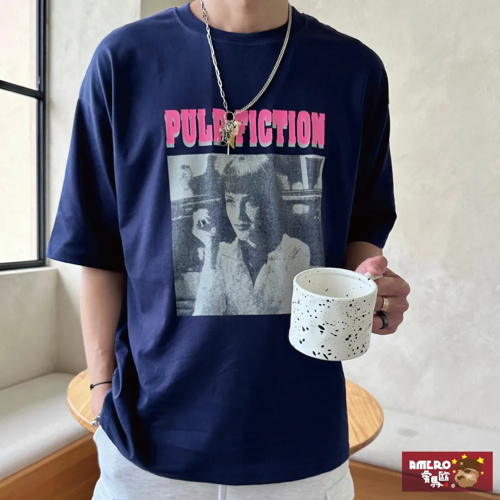 【AMERO】男女裝 圓領短袖T恤 配色線條衝浪沙灘印花 落肩款 五分袖 情侶裝 歷史價格詳細信息