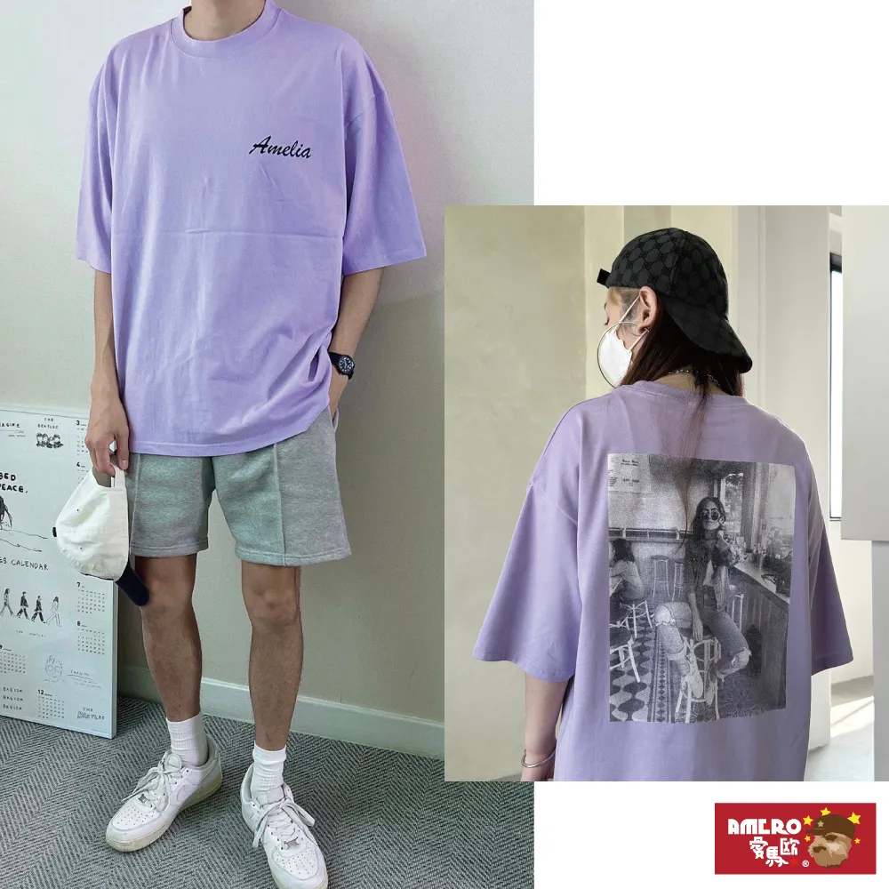 【AMERO】男女裝 圓領短袖T恤 電繡英文印花 寬鬆 落肩 情侶裝 歷史價格詳細信息