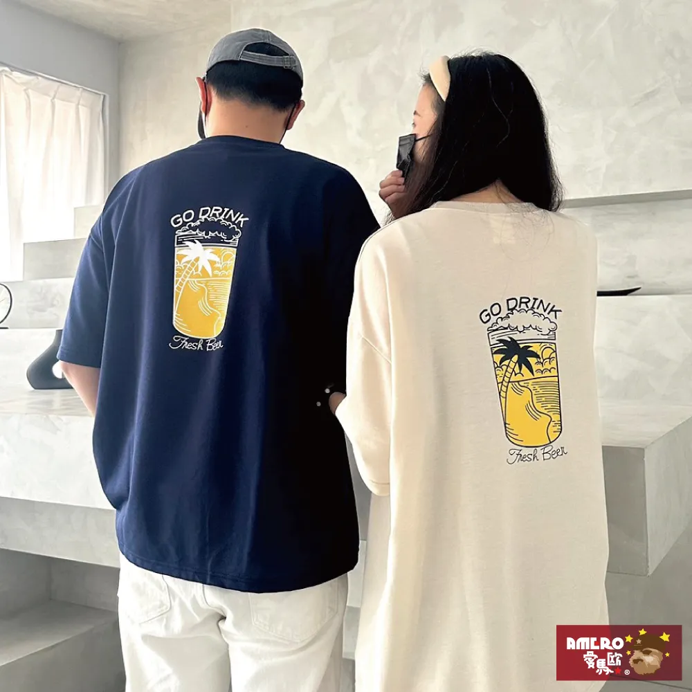 【AMERO】男裝 女裝 圓領 短袖 T恤 美式風格印花 五分袖 寬鬆 落肩 情侶裝 歷史價格詳細信息