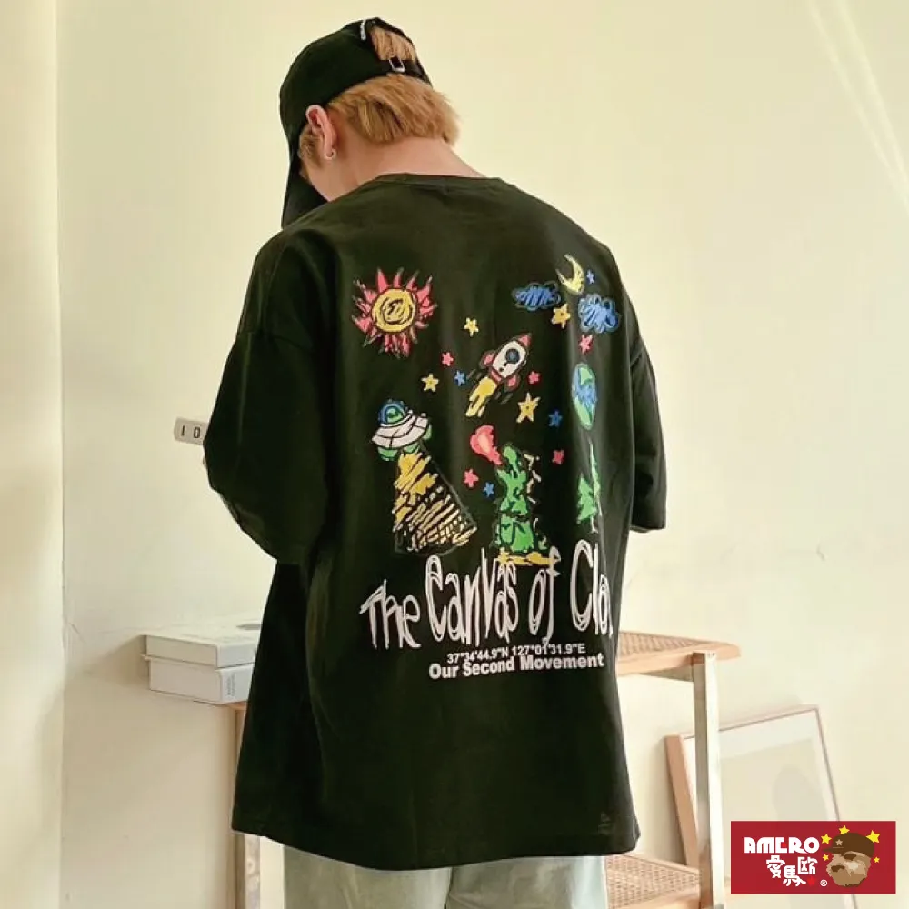 【AMERO】男裝 女裝 圓領 短袖 T恤 美式風格印花 五分袖 寬鬆 落肩 情侶裝 歷史價格詳細信息