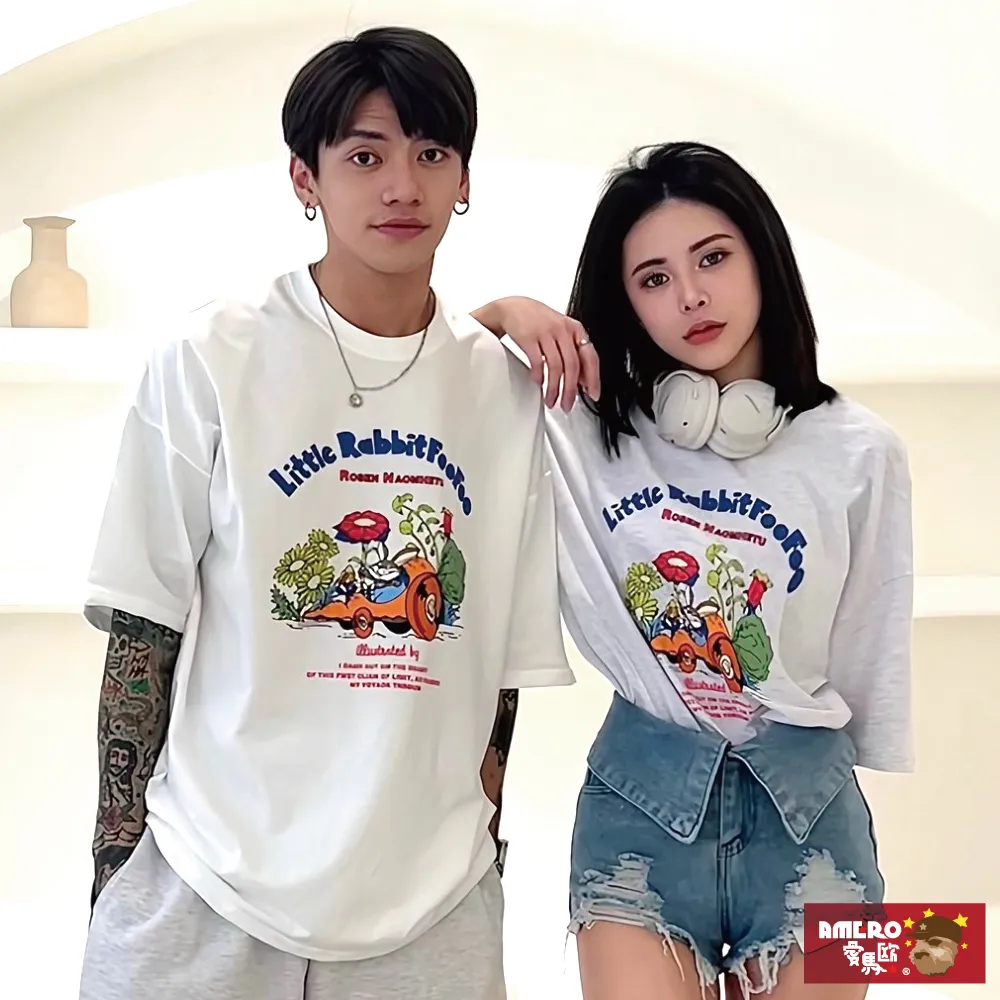 【AMERO】男裝 女裝 圓領 短袖 T恤 美式風格印花 五分袖 寬鬆 落肩 情侶裝 歷史價格詳細信息