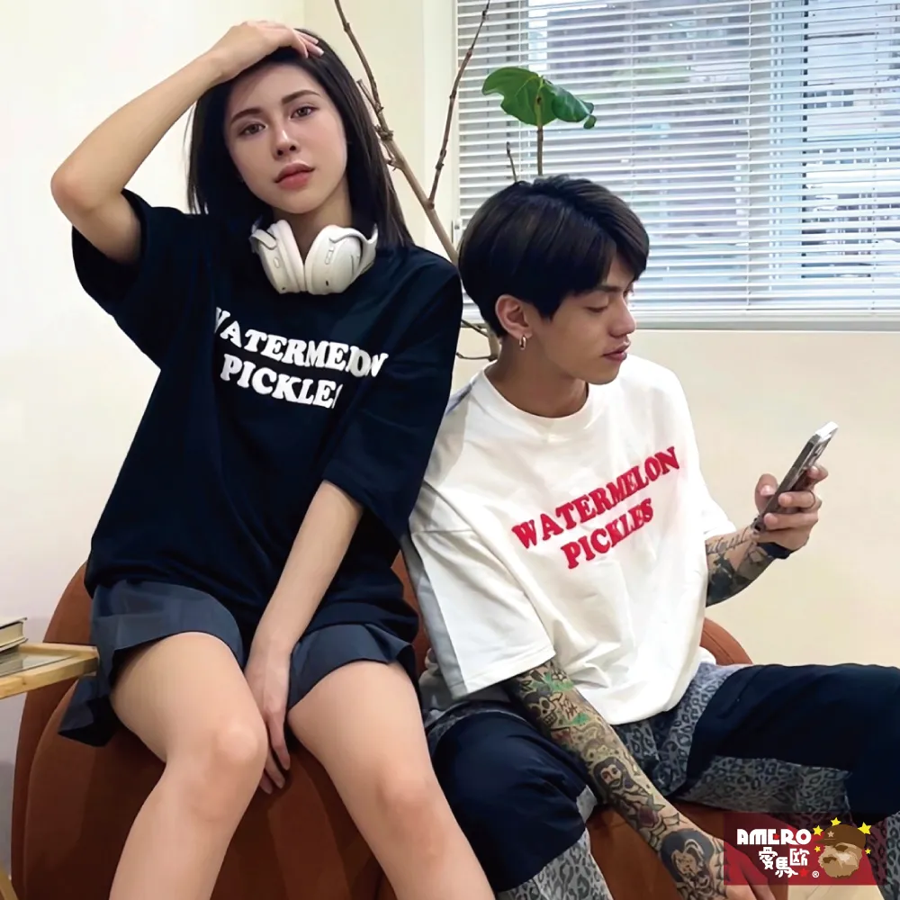 【AMERO】男裝 女裝 圓領 短袖 T恤 美式風格印花 五分袖 寬鬆 落肩 情侶裝 歷史價格詳細信息
