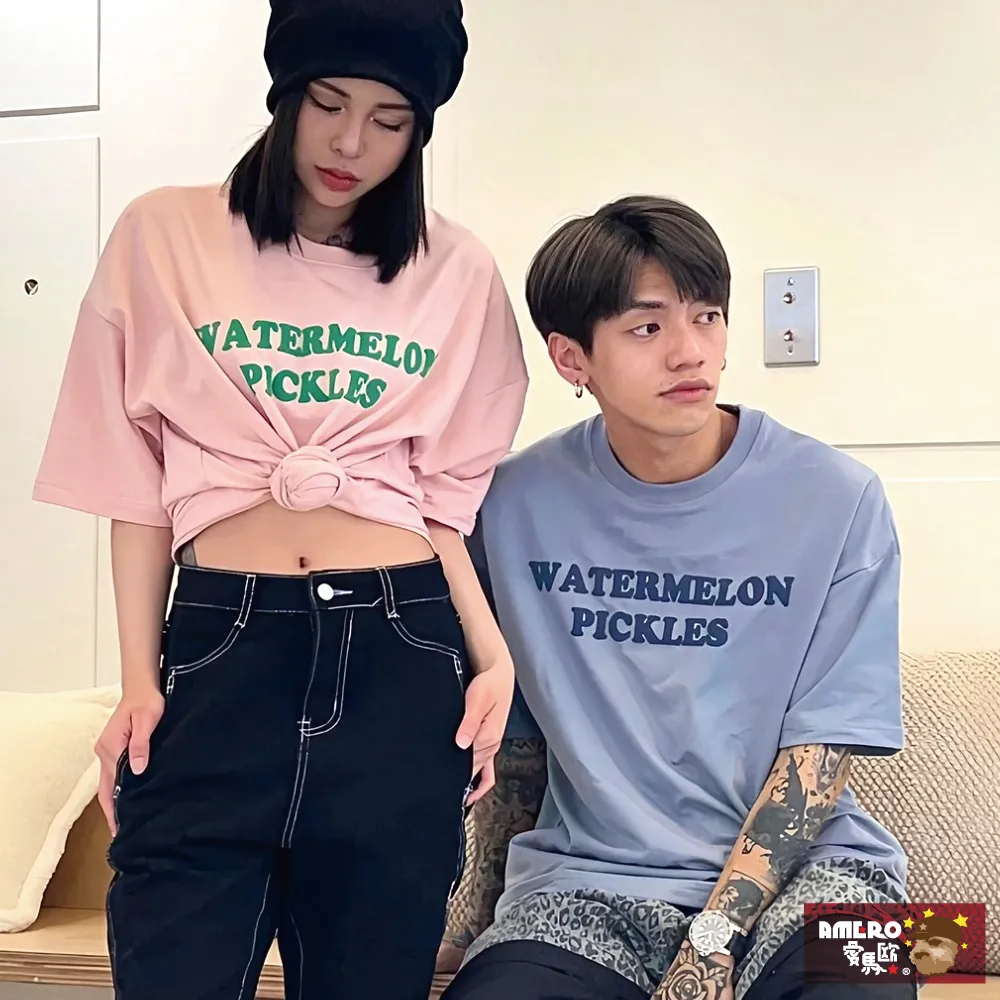 【AMERO】男裝 女裝 圓領 短袖 T恤 美式風格印花 五分袖 寬鬆 落肩 情侶裝 歷史價格詳細信息