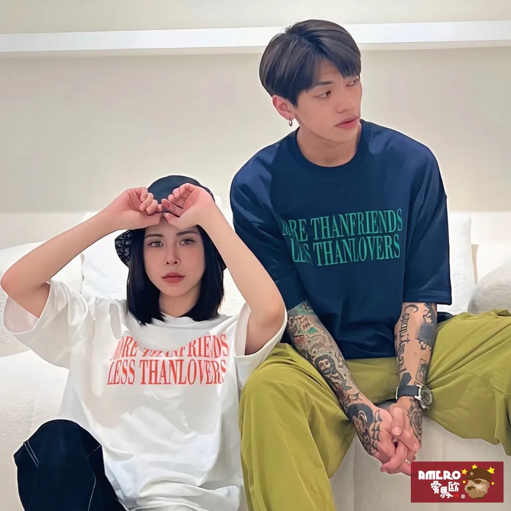 【AMERO】男裝 女裝 圓領 短袖 T恤 美式風格印花 五分袖 寬鬆 落肩 情侶裝 歷史價格詳細信息