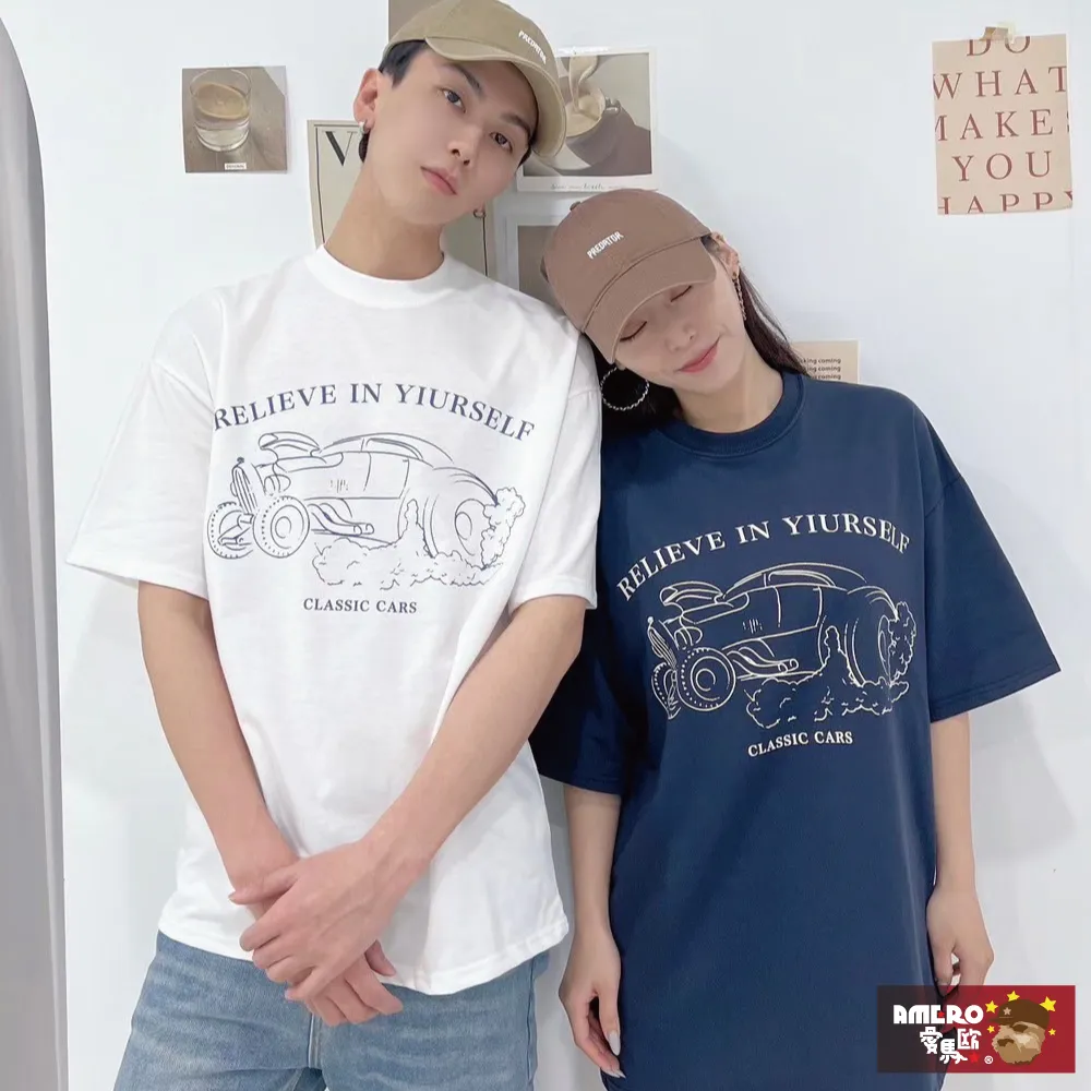 【AMERO】男女裝 圓領短袖T恤 手繪圖案印花 寬鬆 落肩 情侶裝 歷史價格詳細信息