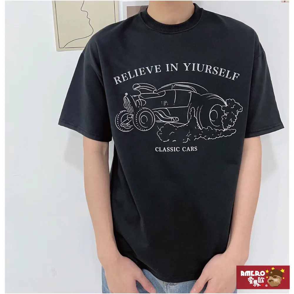 【AMERO】男女裝 圓領短袖T恤 手繪圖案印花 寬鬆 落肩 情侶裝 歷史價格詳細信息