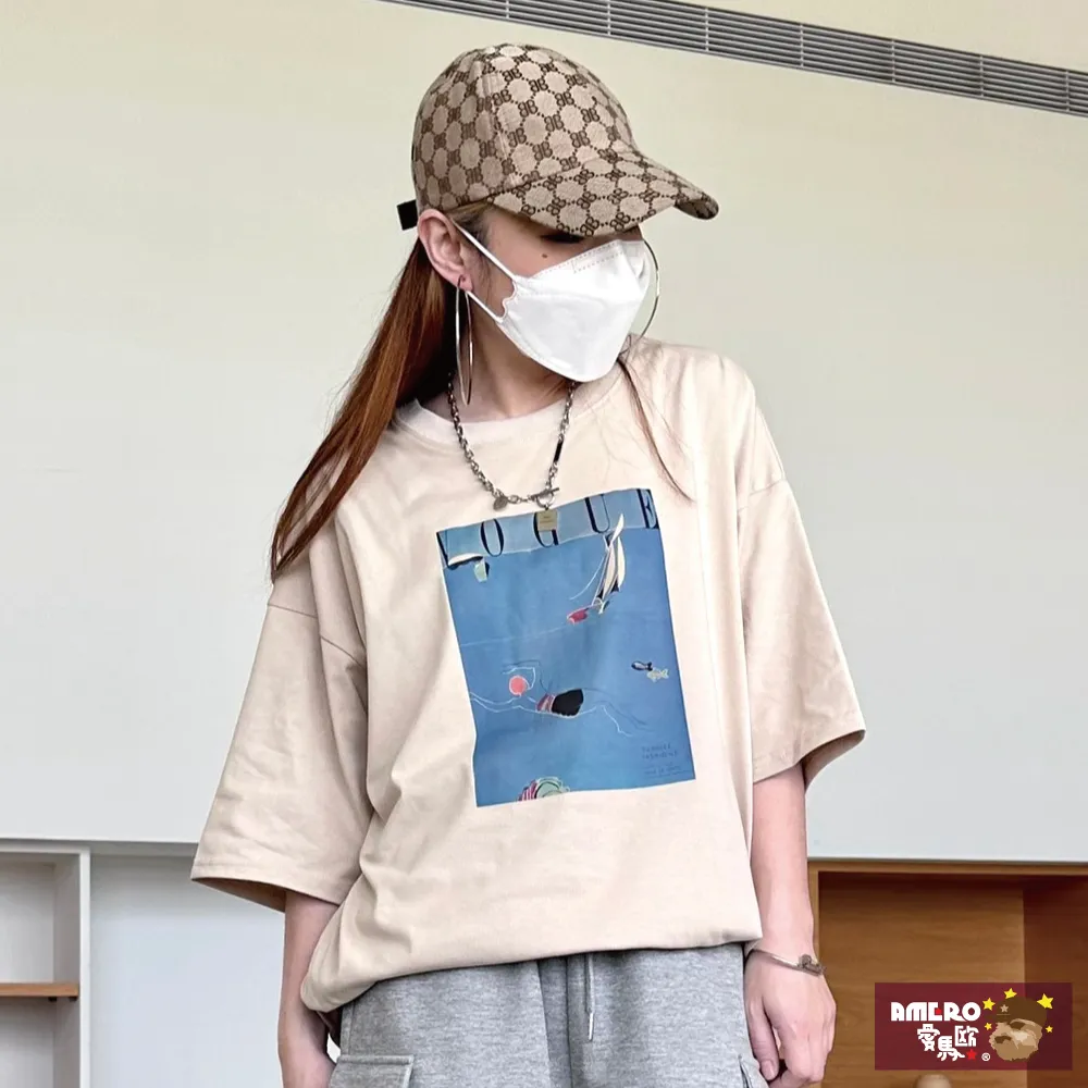 【AMERO】男女裝 圓領短袖T恤 電繡英文印花 寬鬆 落肩 情侶裝 歷史價格詳細信息