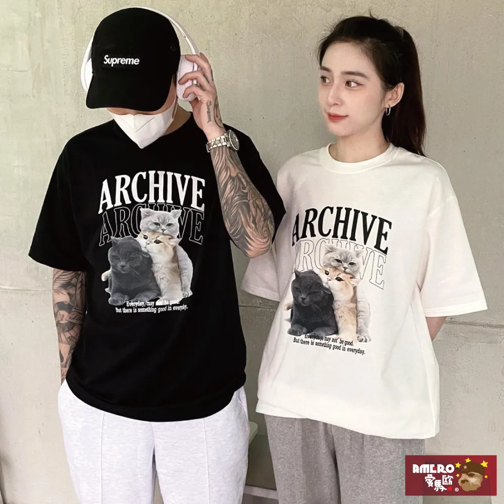 【AMERO】男裝 女裝 圓領 T恤 貓咪印花 寬鬆 落肩 情侶裝 歷史價格詳細信息