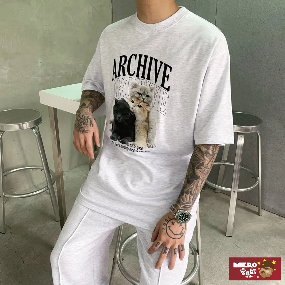 【AMERO】男裝 女裝 圓領 T恤 貓咪印花 寬鬆 落肩 情侶裝 歷史價格詳細信息