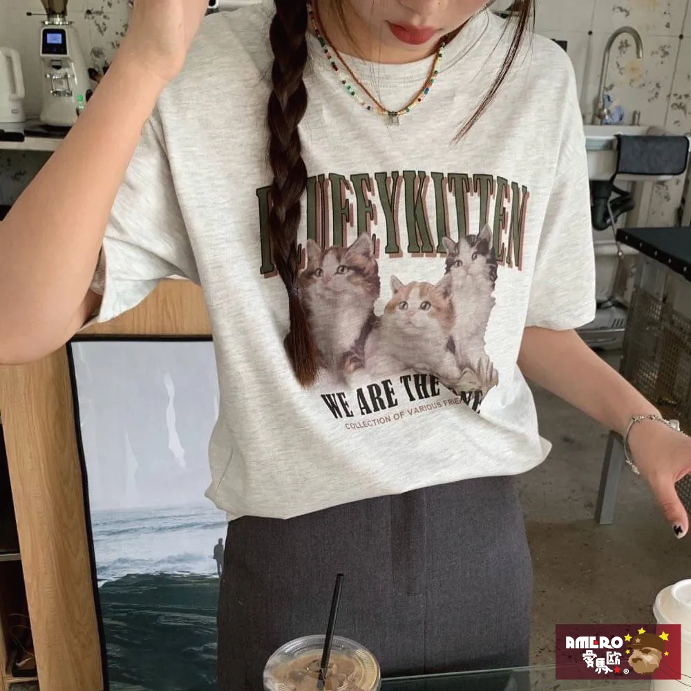 【AMERO】男裝 女裝 圓領 T恤 貓咪印花 寬鬆 落肩 情侶裝 歷史價格詳細信息
