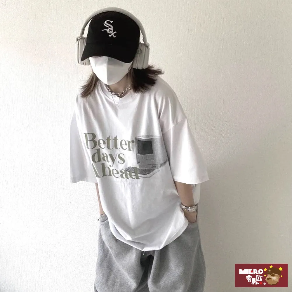 【AMERO】男女裝 圓領短袖T恤 電繡英文印花 寬鬆 落肩 情侶裝 歷史價格詳細信息