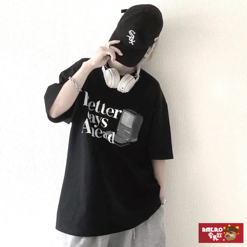 【AMERO】男女裝 圓領短袖T恤 電繡英文印花 寬鬆 落肩 情侶裝 歷史價格詳細信息