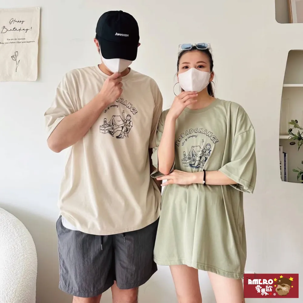 【AMERO】男裝 女裝 圓領 T恤 露營風格印花 寬鬆 落肩 情侶裝 歷史價格詳細信息