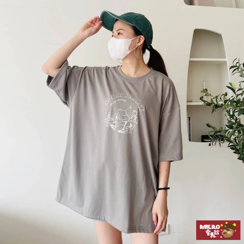 【AMERO】男裝 女裝 圓領 T恤 露營風格印花 寬鬆 落肩 情侶裝 歷史價格詳細信息