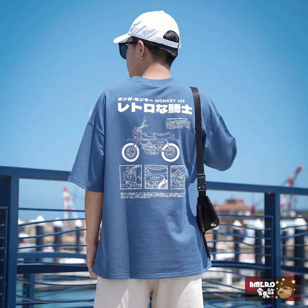 【AMERO】男裝 女裝 圓領 T恤 短袖 日式風格摩托車印花 寬鬆 落肩 情侶裝 歷史價格詳細信息