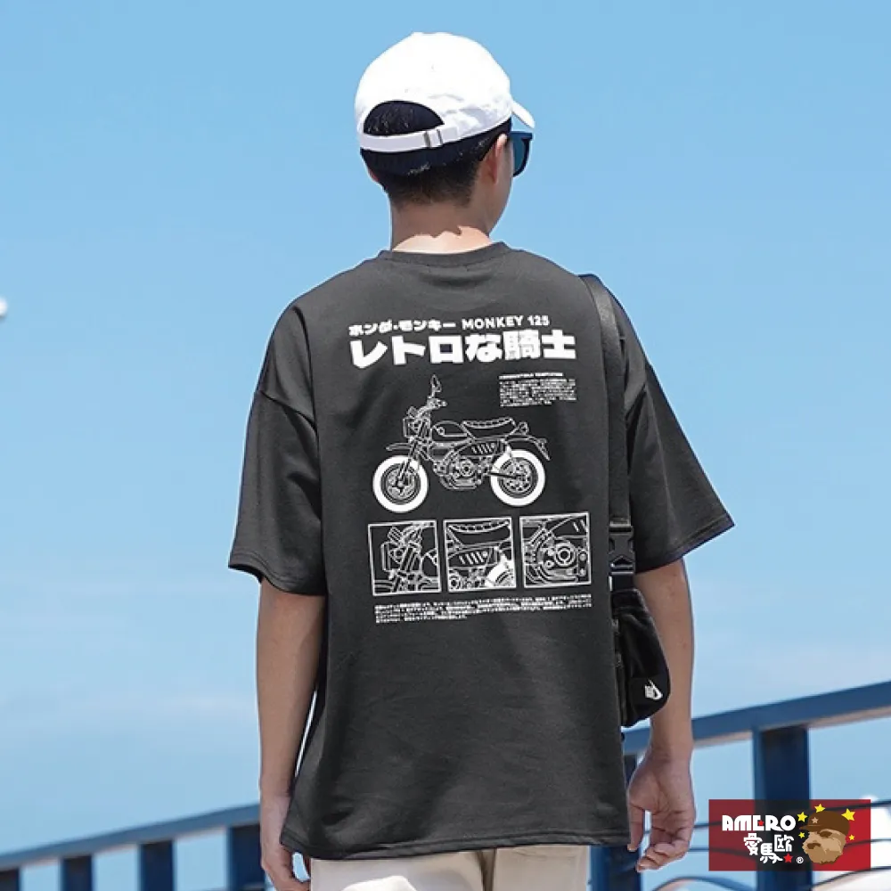 【AMERO】男裝 女裝 圓領 T恤 短袖 日式風格摩托車印花 寬鬆 落肩 情侶裝 歷史價格詳細信息