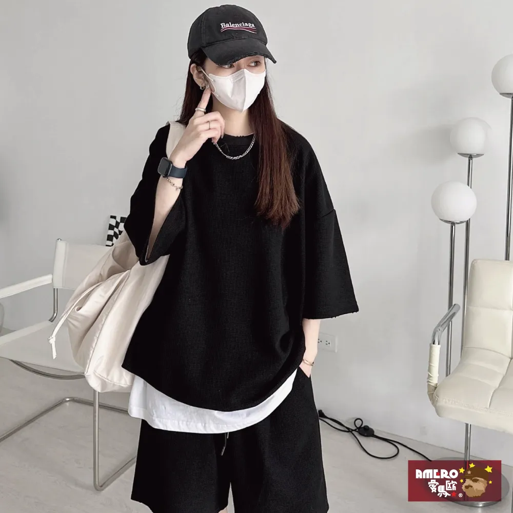 【AMERO】男女裝 水洗圓領短袖T恤 英文印花 寬鬆 落肩 情侶裝 歷史價格詳細信息