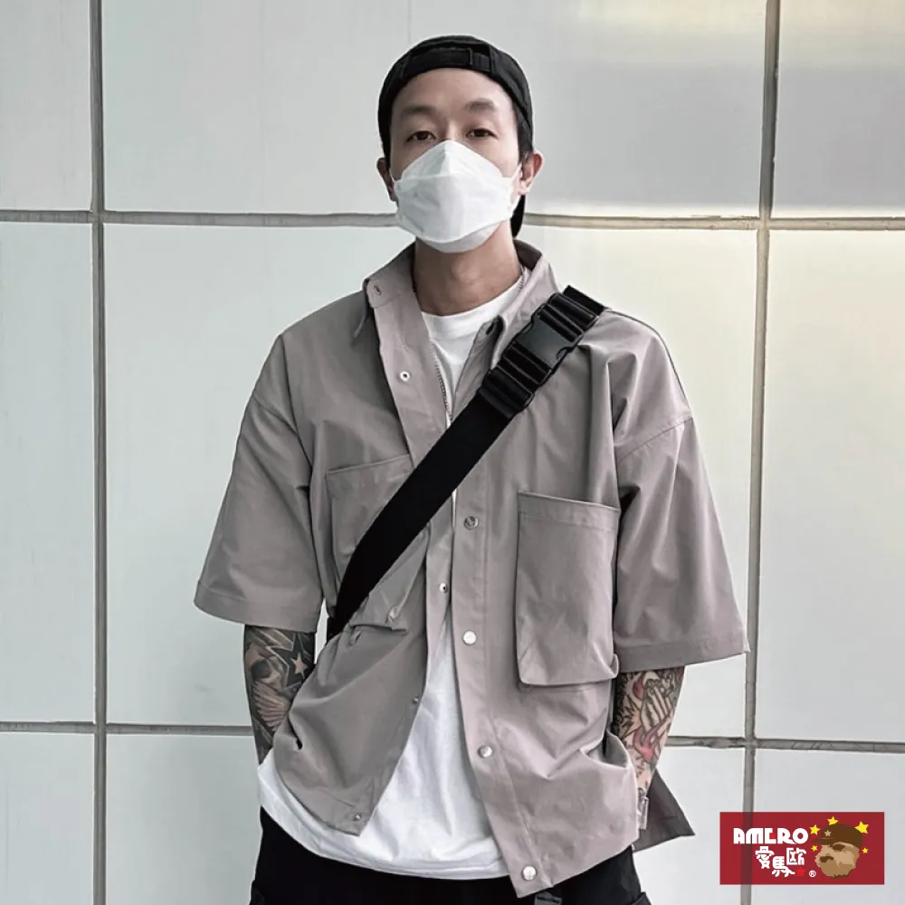 襯衫 襯衫男 寬鬆 落肩 短袖 襯衫 工裝襯衫短袖襯衫男(W1232) 歷史價格詳細信息