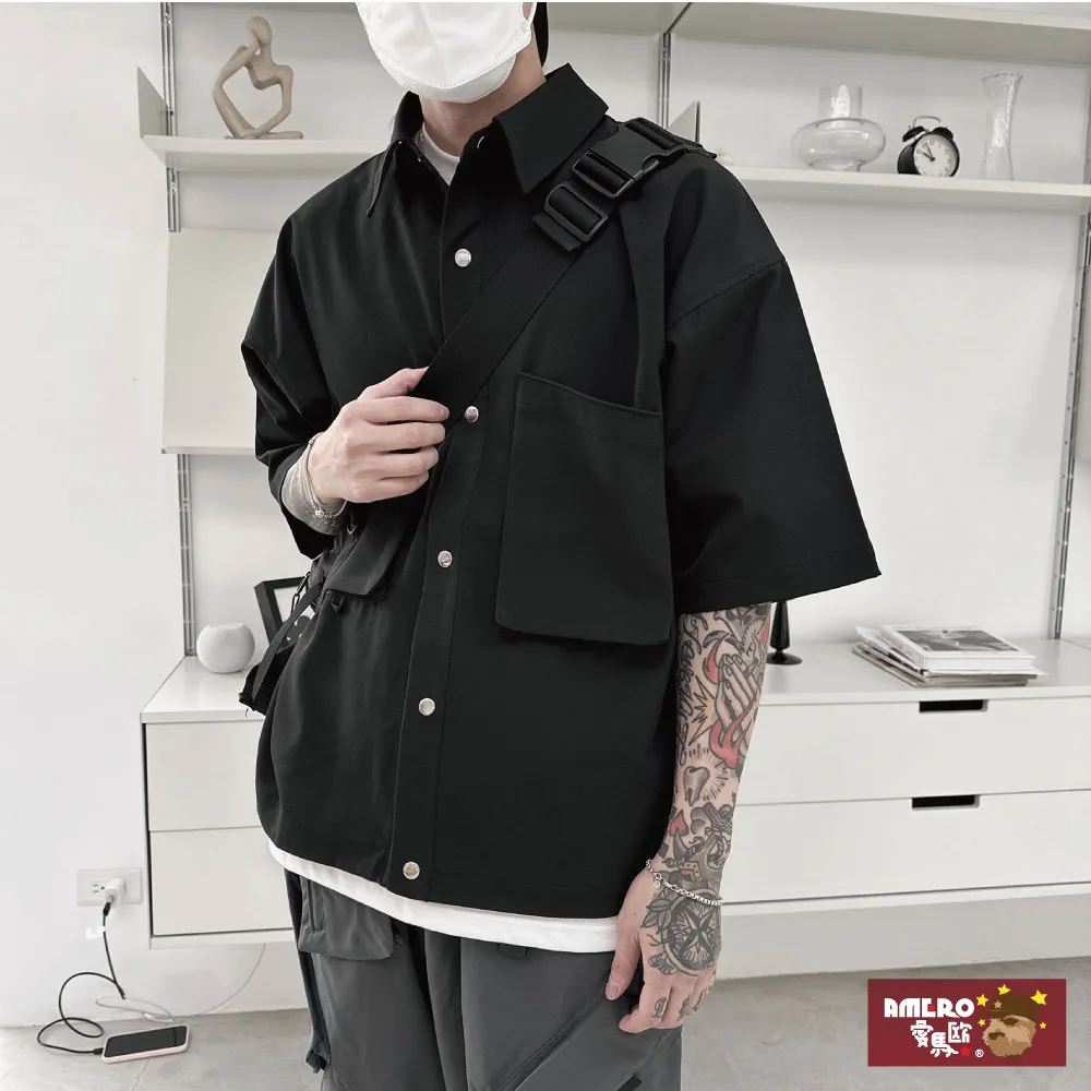 襯衫 襯衫男 寬鬆 落肩 短袖 襯衫 工裝襯衫短袖襯衫男(W1232) 歷史價格詳細信息