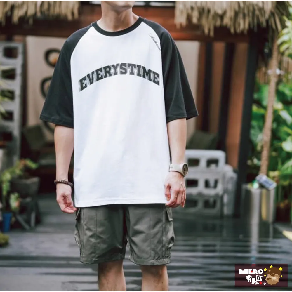 拼接圓領短袖T卹男士潮流寬鬆半袖港風t恤衫(MF47)【FIZZE】 歷史價格詳細信息