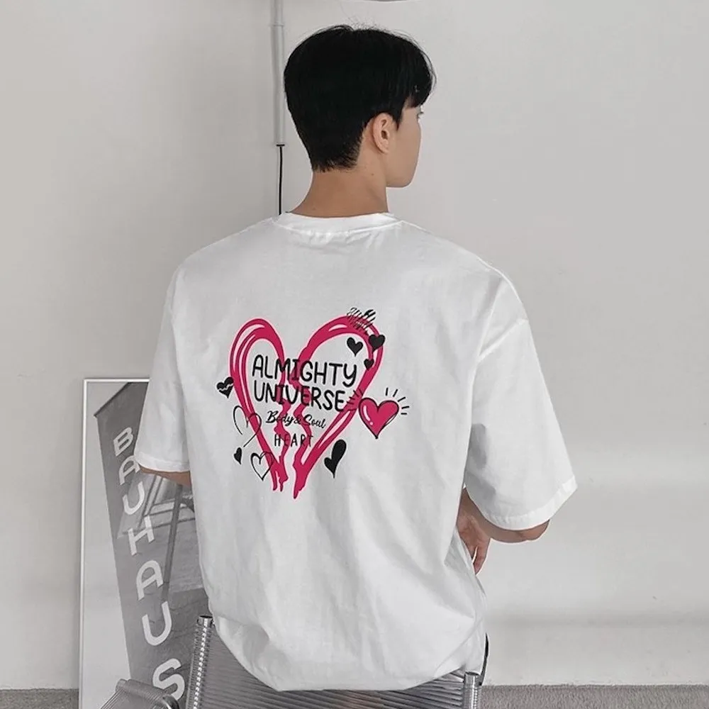 愛心印花 寬鬆 情侶T恤 情侶裝 日系 短袖 男女同款 春夏 韓版 五分袖T恤 T恤 休閒 歷史價格詳細信息