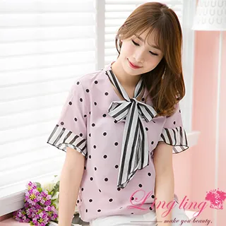 【lingling】V領口荷葉設計綁帶荷葉袖口五分短袖上衣PA4131(共三色) 歷史價格詳細信息