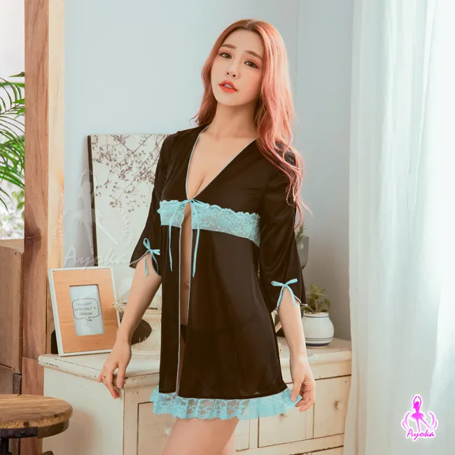 【Ayoka】罩衫外套 誘人紫透視蕾絲薄紗七分袖罩衫二件式性感睡衣 歷史價格詳細信息