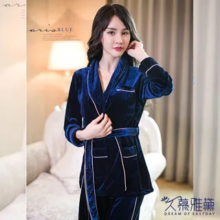 金絲絨睡衣褲套組女秋冬季可外穿撞色V領休閒居家服八分袖兩件套 歷史價格詳細信息