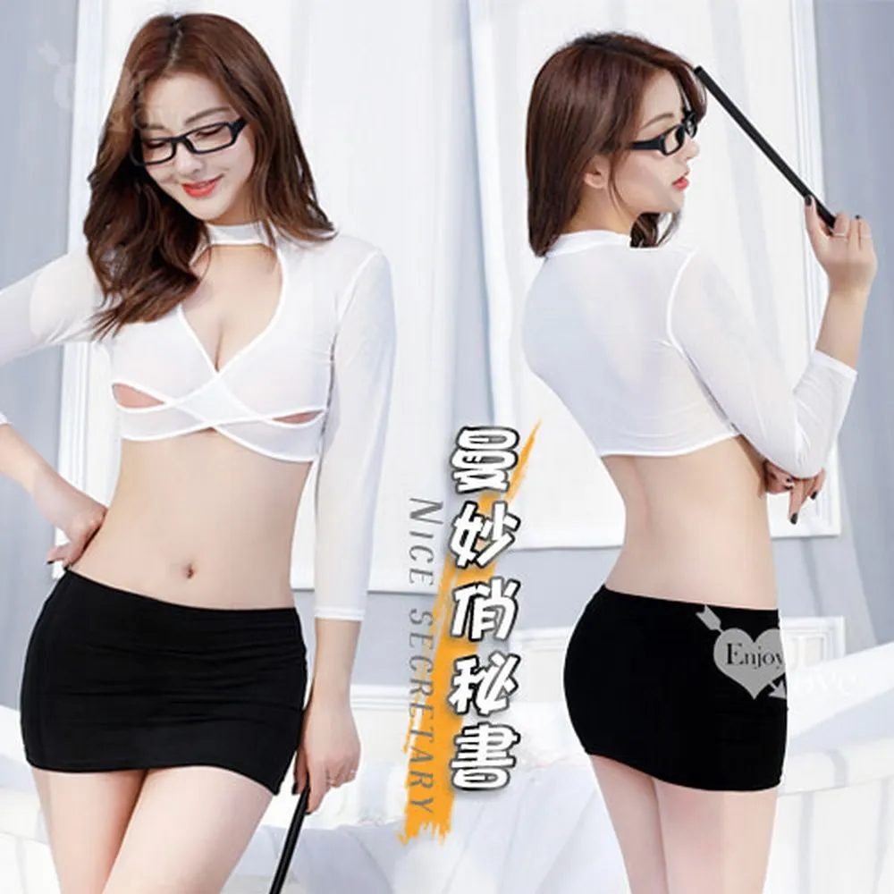 秘書角色扮演服！交叉鏤空網紗短上衣豎紋露臀迷你裙三件組 歷史價格詳細信息