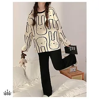 SCL促銷 塗鴉兔 秋冬睡衣 長袖褲 中大尺碼 居家睡衣長袖褲套裝 81004 歷史價格詳細信息