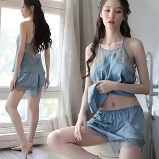 【Secret Lover】仿真絲性感蕾絲鏤空綁帶睡裙套組_香檳色SL1512 歷史價格詳細信息