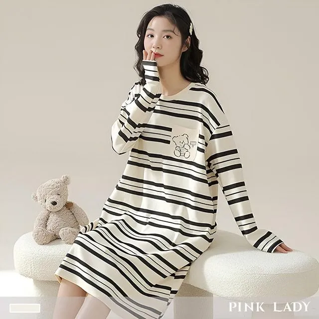 【PINK LADY】棉柔連身睡裙 條紋黑熊 印花圓領 長袖女睡衣居家服7606 歷史價格詳細信息