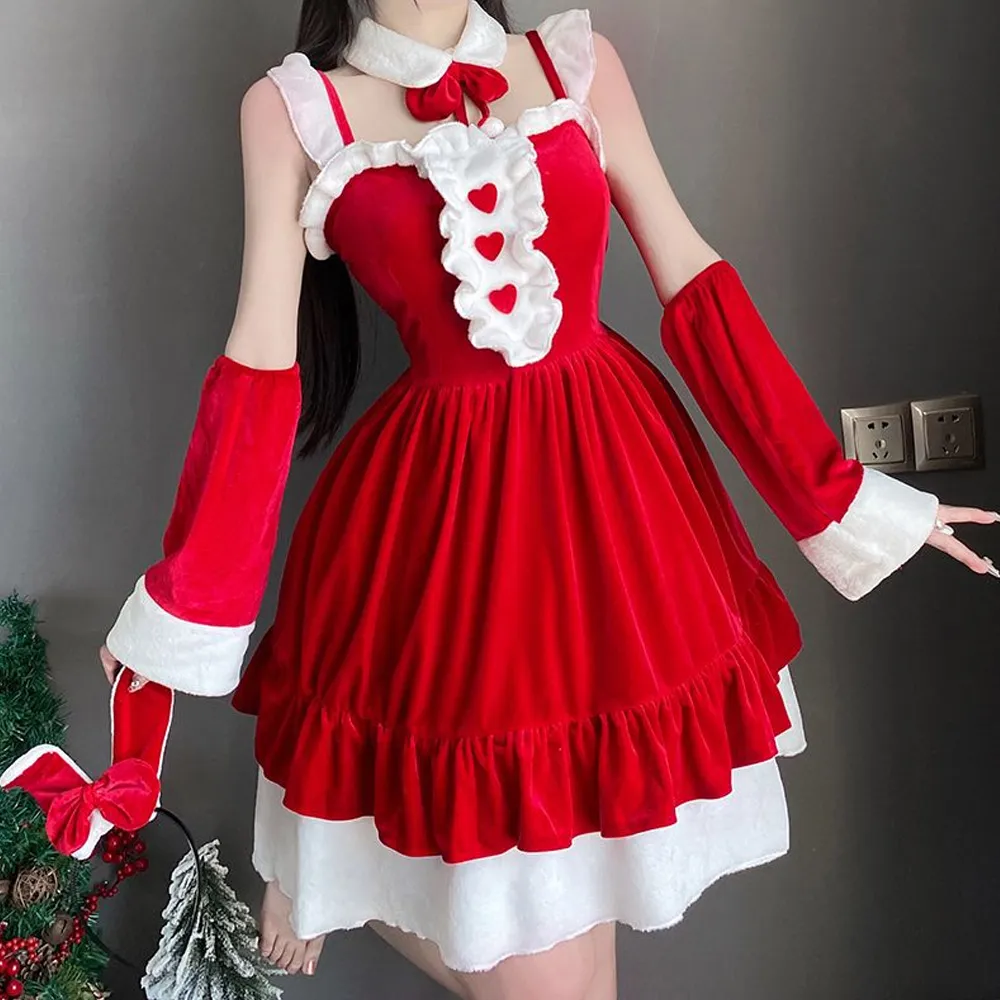 聖誕甜美學院風JK制服娃娃領蝴蝶結襯衫女秋紅色木耳邊背帶連衣裙 歷史價格詳細信息