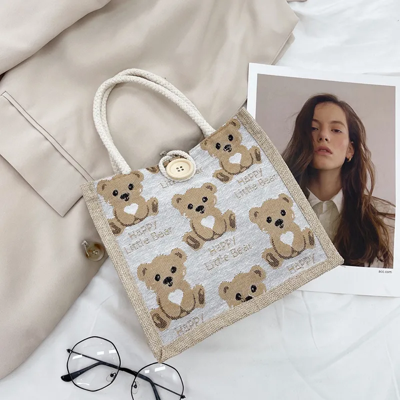 小熊亞麻手提袋女外出手拎包2022網紅ins日系小挎包學生 歷史價格詳細信息